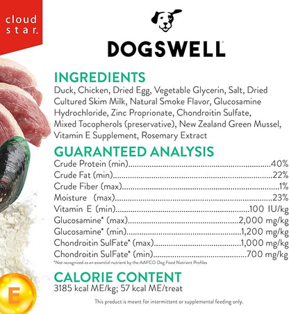 DOGSWELL 100% Grilled Meat Dog Treats, Made in The USA with Glucosamine, Chondroitin & New Zealand Green Mussel for Healthy Hips, 20 oz. Duck