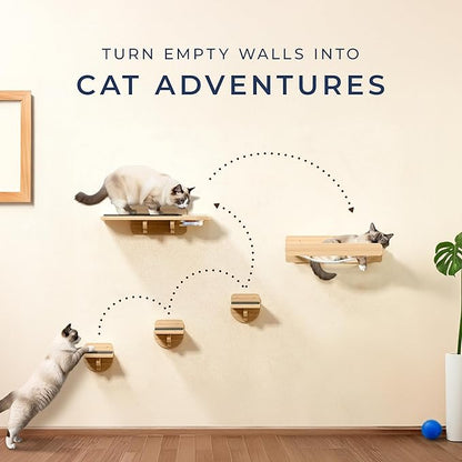 Space-Saving Cat Wall Shelves – Interactive Cat Wall Climber with Hammock & Dog Proof Feeding Station for All Indoor Breeds – Solid Natural Wood with Gray Carpet