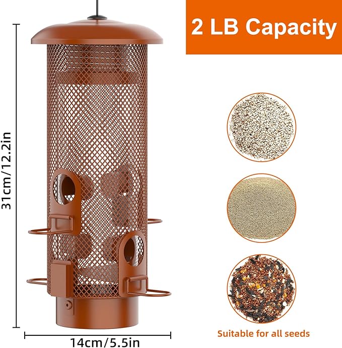 Metal Squirrel Proof Bird Feeder,Bird Feeders for Outdoors,Weight Activated Squirrel Proof Wild Bird Feeders with Finch Cardinal Chickadee,Large Capacity,Weatherproof and Durable,Reddish Brown
