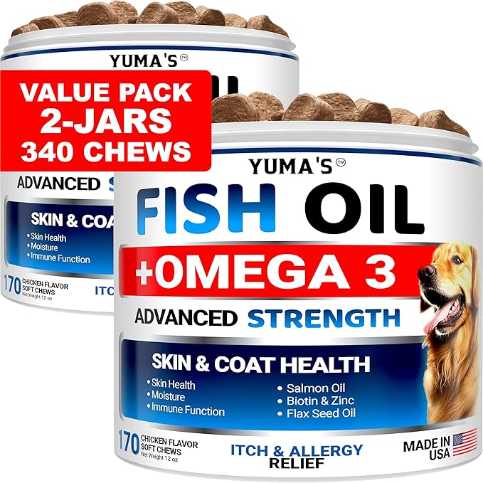(2 Pack) Omega 3 Fish Oil for Dogs - 170 Chews - Skin and Coat Supplement - Omega 3 for Dogs - Dry & Itchy Skin Relief Treatment - Allergy Support Dog Anti Shedding Treats - Salmon - Chicken Flavor