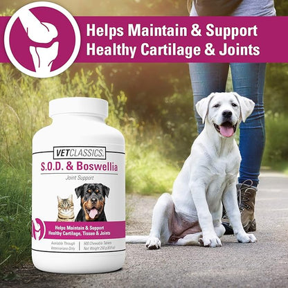 Vet Classics S.O.D. & Boswellia Joint Support Supplement for Dogs, Cats – Dog Hip & Cat Joint Supplement – Alleviates Aches, Discomfort– for Flexibility, Healthy Joint Function - 500 Chewable Tablets
