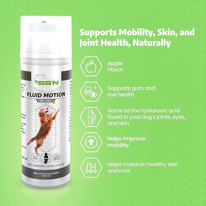 Fluid Motion - Hip & Joint Support for Dogs - Liquid Hyaluronic Acid - Joint Mobility, Skin, & Coat Supplement for Senior Dogs - Apple Flavor - Glucosamine Alternative (30-60+ Day Supply)