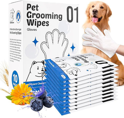10 Pcs Pet Cleaning Glove Wipes for Dogs & Cats, Hypoallergenic Grooming Wipes, Dog Wipes for Paws and Buttocks, Dog Wipes Cleaning Deodorizing Suitable for Pet Dry Cleaning, Daily Care and Travel