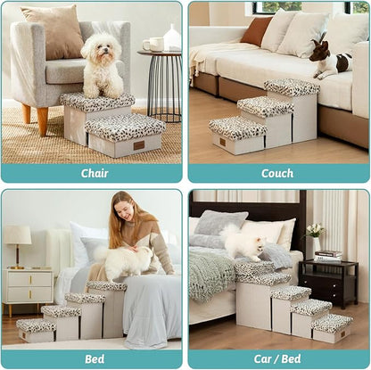 Dog Stair for Small Dogs with Storage, 17.7" H Foldable Pet Step with Soft Leakproof Cover, Older Cat Ramp for Couch Sofa Bed, Lightweight, Comfort, 33x13x17.7 inch, 4 Tiers, Leopard