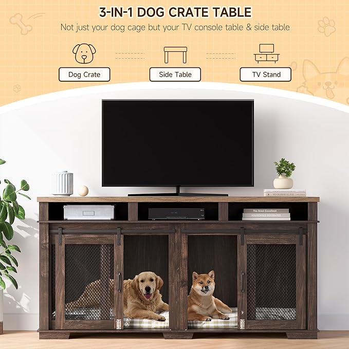 IDEALHOUSE 71" Extra Large Dog Crate Furniture, Wooden Double Dog Crates Kennel Cage,Furniture Style Tv Stand Side End Table for 2 Dogs With Removable Divider for Large Dogs,3 Storage,Dark Walnut/Ligh