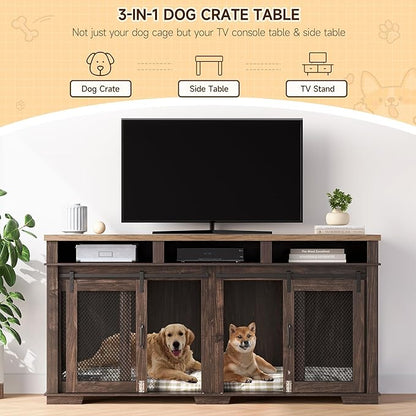 IDEALHOUSE 71" Extra Large Dog Crate Furniture, Wooden Double Dog Crates Kennel Cage,Furniture Style Tv Stand Side End Table for 2 Dogs With Removable Divider for Large Dogs,3 Storage,Dark Walnut/Ligh