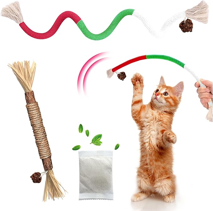 Cat Toys Chew Rope & Silvervine Sticks for Bored Indoor Adult Cats, 2Pcs Interactive Catnip Toys for Cats with Refillable Natural Catnip Bag for Teeth Cleaning