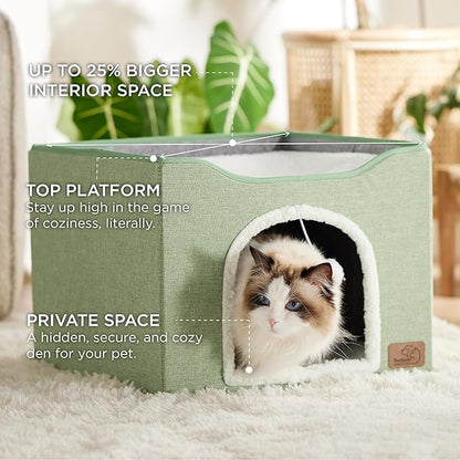 Bedsure Cat Beds for Indoor Cats - Large Cat Cave for Pet Cat House with Fluffy Ball Hanging and Scratch Pad, Foldable Cat Hideaway, 16.5x16.5x13 inches, Green