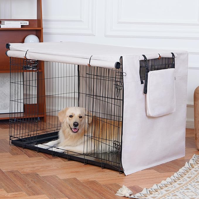 600D Dog Crate Cover, Waterproof Pet Kennel Cover with Storage Bag, Dog Cage Cover Fit for 30 Inch Wire Crate, 30 Inches, BEIGE (Cover Only)