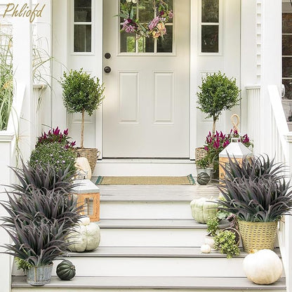 6Pcs Artificial Grass Fake Plants 17.3in Outdoor Plants UV Resistant Faux Greenery Stems Fake Grass for Home Window Garden Office Patio Pathway Front Porch Halloween Décor Green & Black