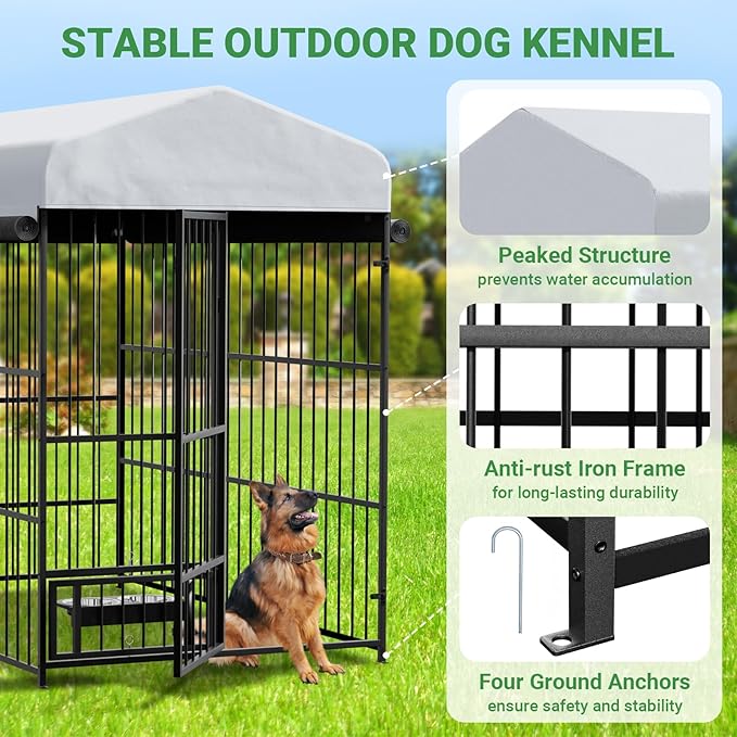 6.6 x 3.9 x 5.9 FT Outdoor Dog Kennel with Roof, Large Dog Kennel Outdoor with Rotating Feeding Bowls, Waterproof and Sunproof Dog Kennel Outside, Covered Dog Outdoor Kennel