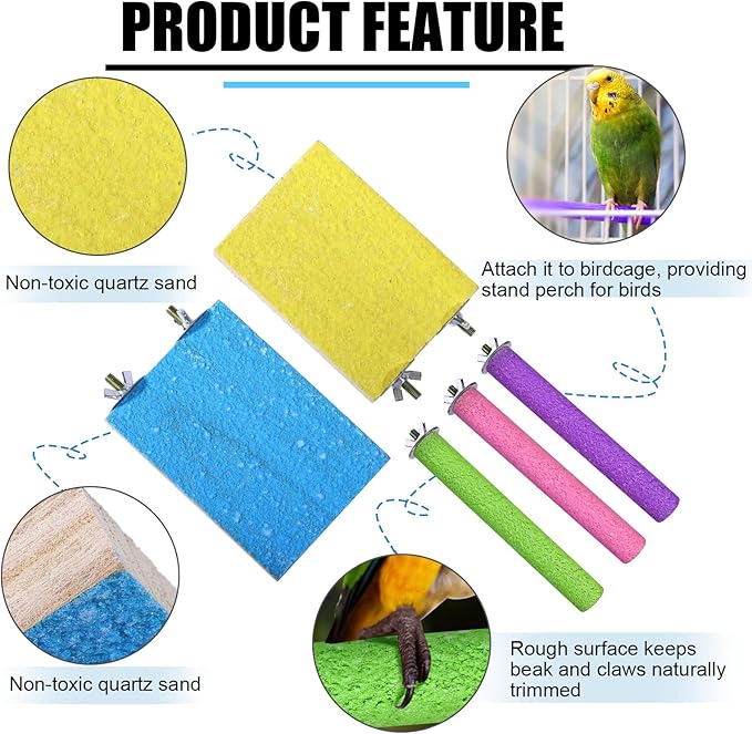 Reginary 12 Pcs Bird Perch Stand Toy Includes 6 Parrot Perch Wood Stand Bird Platform 6 Colorful Paw Grinding Stick for Cage Accessories Parakeet Cockatiel, 6 Colors