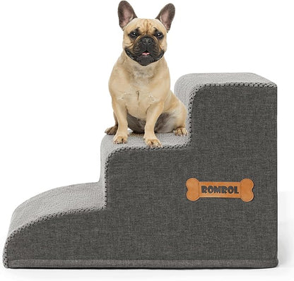 High Density Foam Dog Stairs Ramp for Beds Couches, Romrol 15.7" H Pet Steps with Durable Non-Slip Waterproof Fabric Cover, Dog Slope Stairs Friendly to Small Dogs and Cats or Pets Joints