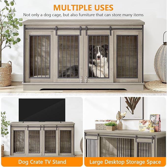 60.6 Inch Double Dog Crate Furniture, 2-in-1 Dog Kennel Furniture with 2 Sliding Doors and Thick Iron, Wooden Large Dog Crate with Divider for 2 Dogs