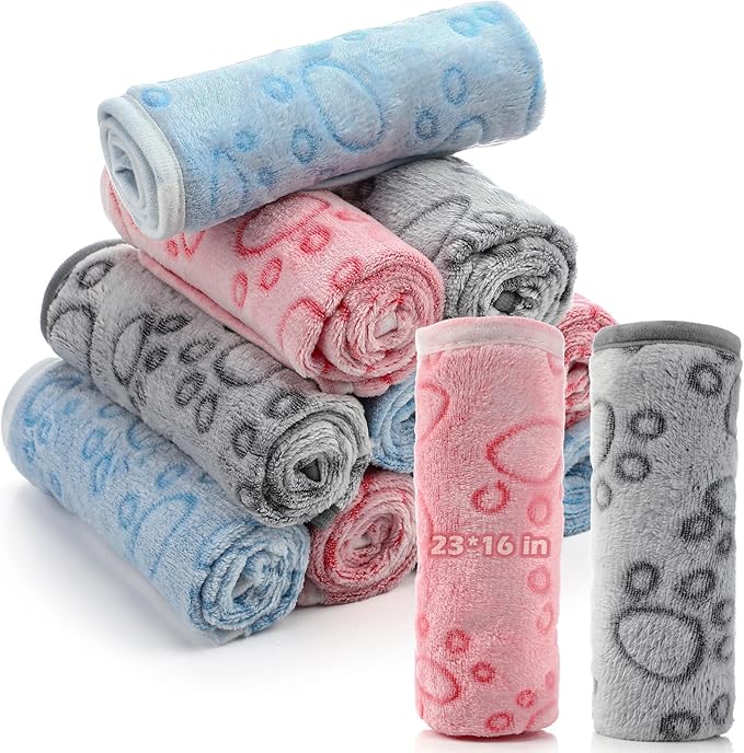 Tegeme 12 Pieces Pet Blanket Soft Fleece Dog Fluffy Doggie Warm Felt Throw Spring Cute Paw Print Puppy Kitten Sleep Mat Bed Covers for Cat(23 x 16 Inch,Multicolor)