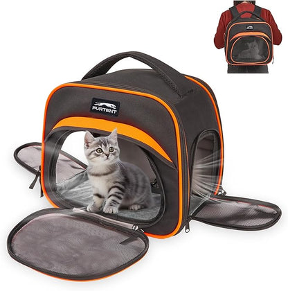 Cat Carrier Backpack, Breathable Collapsible Pet Bag with Safety Leash for Guinea, Kitten, Rabbit Weighing up to 8 Pounds Designed for Travel, Hiking, Walking and Outdoor Use, Black-Orange