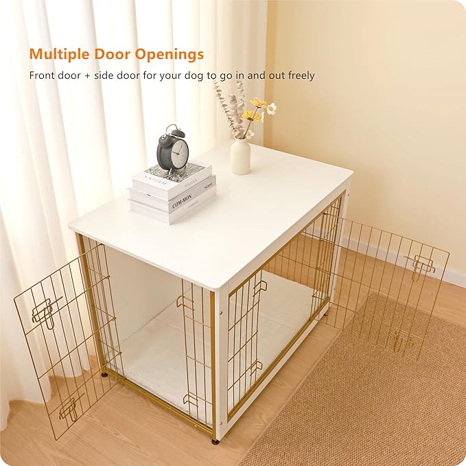 DWANTON Dog Crate Furniture with Cushion, Wooden Dog Crate Table, Double Doors Dog Furniture, Indoor Dog Kennel, Dog House, Dog Cage Large, 38.5" L, White