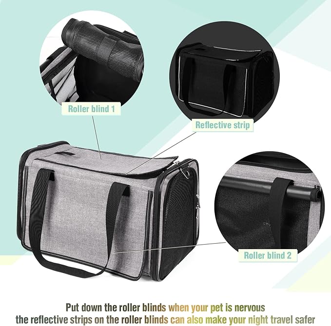 YUDODO 25 lbs Lightproof Pet Carriers Airline Approved Dog Cat Travel Soft Sided Carrier Reflective Mesh Safe Pet Cat Carrier Foldable Portable Small Animal Rabbit Puppy Cat Carrier Grey