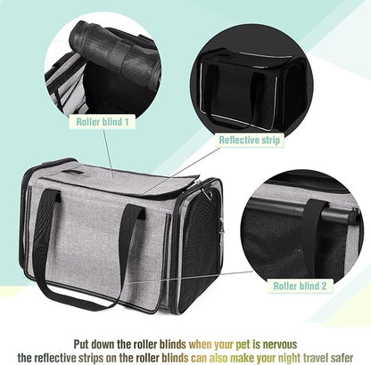 YUDODO 25 lbs Lightproof Pet Carriers Airline Approved Dog Cat Travel Soft Sided Carrier Reflective Mesh Safe Pet Cat Carrier Foldable Portable Small Animal Rabbit Puppy Cat Carrier Grey