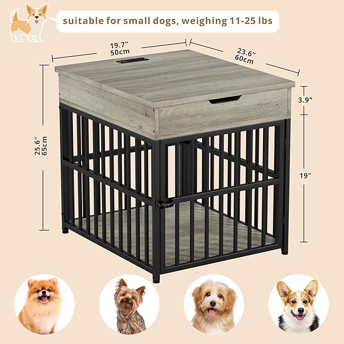 IRONCK Dog Crate Furniture for Small Dogs, Wooden Dog Kennel with Flip Top Drawer, Indoor Pet Crate End Table with Charging Station, Steel-Tube Dog Cage, Gray