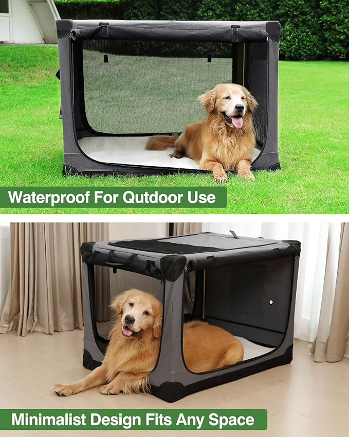 42 Inch Collapsible Travel Dog Crate for Medium Large Dogs, Portable Dog Crate 4-Door Foldable Soft Kennel with Chew-Proof Mesh Windows for Indoor & Outdoor Travel,with Storage Bag,Grey