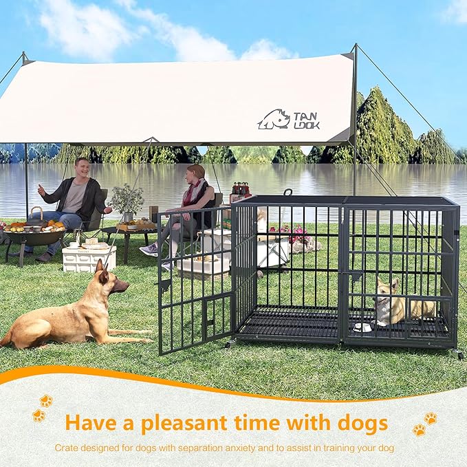 42 Inch Metal Dog Crate for Large Dogs,Heavy Duty Dog Cage Kennel Indoor with Divider Panel, Lockable Wheels, Indestructible Drop Cages for Dogs with Removable Tray, Escape Proof Locks