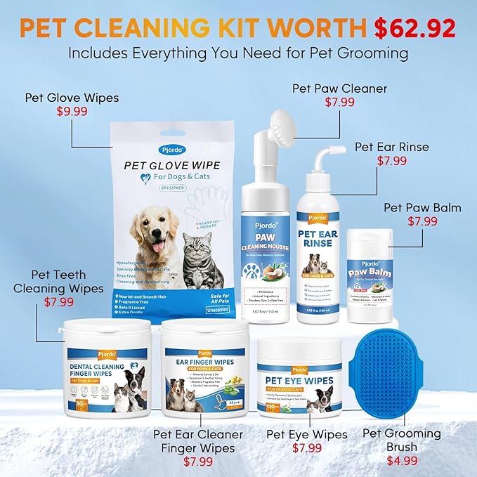 Dog Wipes Cleaning Deodorizing, Dog Grooming Wipes & Dog Paw Cleaner, Pet Cleaning Kit for Teeth, Ears, Eyes, Paw, Body, Dog Ear Rinse, Essential Dog Supplies Set