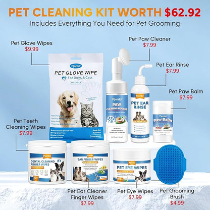 Dog Wipes Cleaning Deodorizing, Dog Grooming Wipes & Dog Paw Cleaner, Pet Cleaning Kit for Teeth, Ears, Eyes, Paw, Body, Dog Ear Rinse, Essential Dog Supplies Set