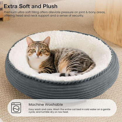 Love's cabin Round Donut Cat and Dog Cushion Bed, 20in Pet Bed for Cats or Small Dogs, Anti-Slip Water-Resistant Bottom, Super Soft Durable Fabric Pet beds, Washable Cat Dog Bed Stripe Bluish Grey