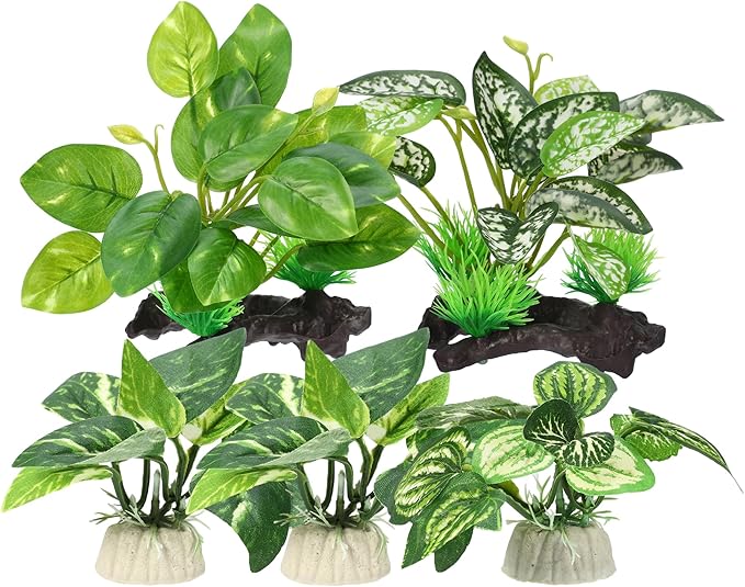 Aquarium Plastic Plants, Driftwood Betta Silk Plants, Silk Plants Aquarium Set Decor, Silk Aquarium Plants for Betta Fish (Green, 5pcs)