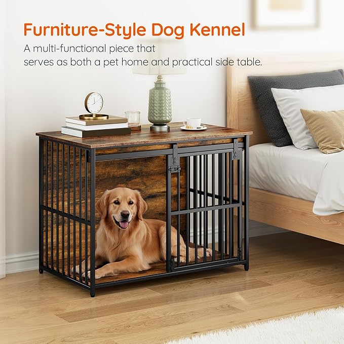 HOOBRO Dog Crate Furniture, 36.6'' Heavy Duty Dog Kennel with Sliding Barn Door, Decorative Dog Crate Indoor, End Side Table for Small/Medium Dog, Rustic Brown and Black BF162GW03G1