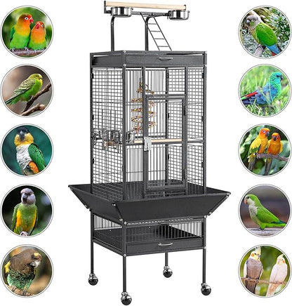 Yaheetech 61-inch Playtop Wrought Iron Large Parrot Bird Cages with Rolling Stand for Cockatiels Amazon Parrot Quaker Conure Parakeet Lovebird Finch Canary Small Medium Parrot Cage Birdcage, Black