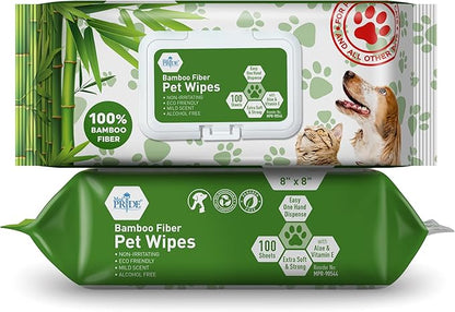 MED PRIDE Dog Wipes for Paws and Butt, Bamboo Fiber Cleaning Wipes with Aloe Vera & Vitamin E, Biodegradable, Hypoallergenic, XL 8 X 8 Inches, Pack of 100