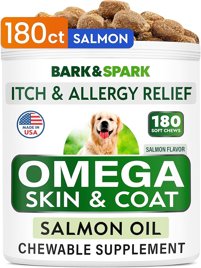 BARK&SPARK Omega 3 for Dogs - 180 Fish Oil Treats for Dog Shedding, Skin Allergy, Itch Relief, Hot Spots Treatment - Joint Health - Skin and Coat Supplement - EPA & DHA Fatty Acids - Salmon Oil
