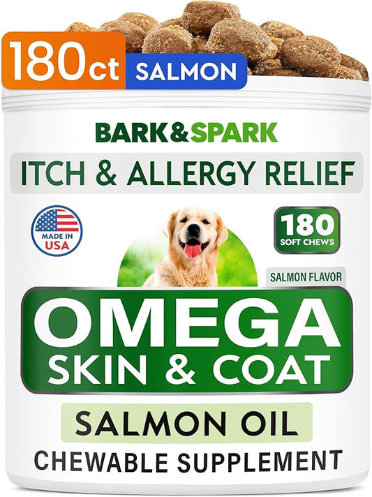 BARK&SPARK Omega 3 for Dogs - 180 Fish Oil Treats for Dog Shedding, Skin Allergy, Itch Relief, Hot Spots Treatment - Joint Health - Skin and Coat Supplement - EPA & DHA Fatty Acids - Salmon Oil
