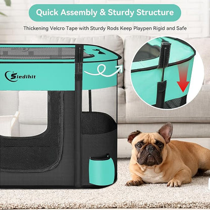 Dog Playpen28/31/35in,Cat Pet Puppy Pen,Portable Playpens for Dogs Indoor Outdoor Travel Camping Use,Foldable Dog Kennel Tent Crate for Rabbit Small Animals and Tent Stakes (Green, Lagre)