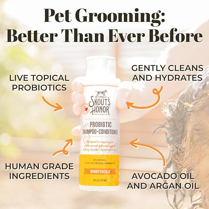 Skout's Honor Probiotic Pet Shampoo & Conditioner with Avocado Oil & Omega-3s, 97% Natural, Paraben & Sulfate-Free, Cruelty-Free, 16oz, Honeysuckle 2-Pack