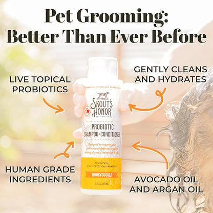 Skout's Honor Probiotic Pet Shampoo & Conditioner with Avocado Oil & Omega-3s, 97% Natural, Paraben & Sulfate-Free, Cruelty-Free, 16oz, Honeysuckle 2-Pack
