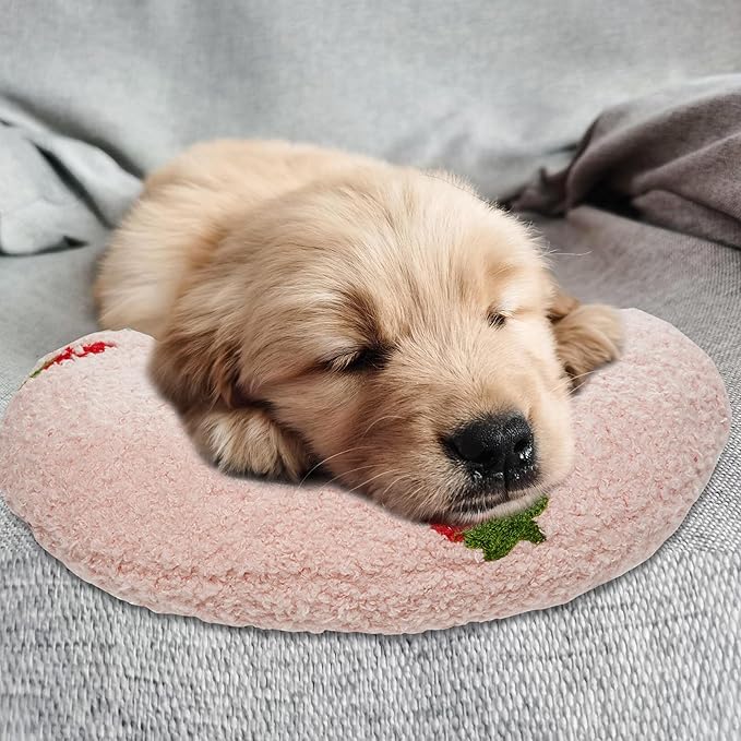 Lystaii Cat Calming Pillow for Indoor Pet Cat Dog Pillow Soft Fluffy Cat Bed Pillow Dog Neck Pillow Pet Toy Half Donut Anxiety Relief Pet Pillow with Cute Embroidery Pattern (Pink, Strawberry)
