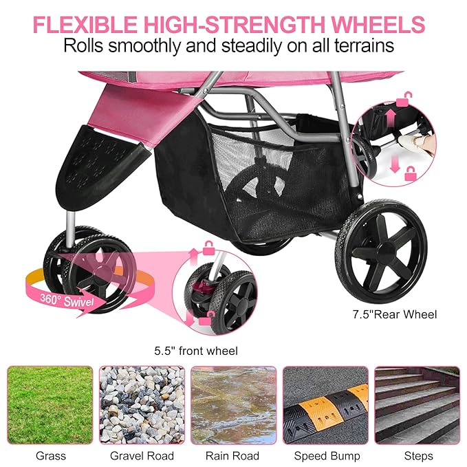 Dog Stroller for Small Dogs, Portable Pet Stroller for Cats Folding Puppy Stroller Lightweight Dog Cat Cage Jogger Stroller with Storage Basket and Cup Holder, 3 Wheels, Pink