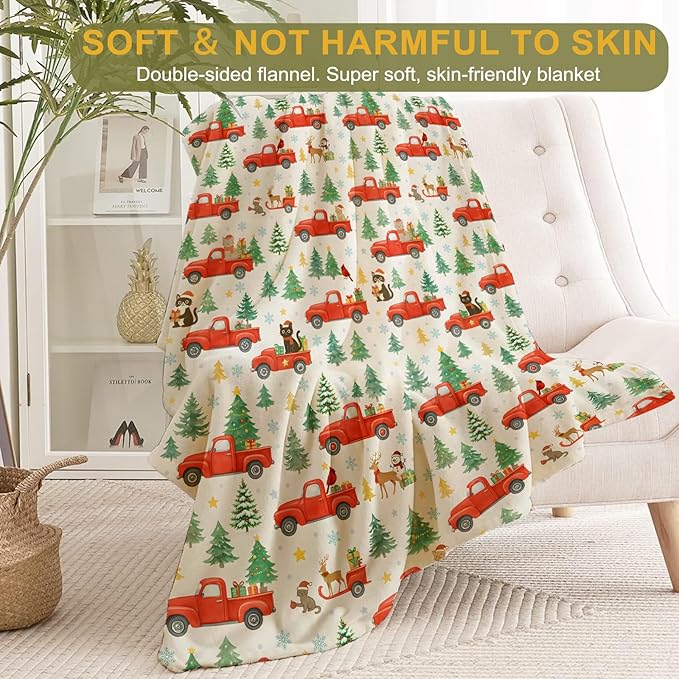 Christmas Decorative Throw Blanket, Red Truck Tree Cat Reindeer Print Decoration, Flannel Winter Blankets for Couch Bed Sofa, Holiday Home Decor, Xmas Festival Gifts Kids Adults 40x50 Inch
