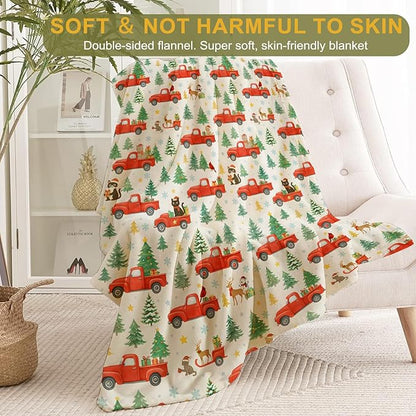 Christmas Decorative Throw Blanket, Red Truck Tree Cat Reindeer Print Decoration, Flannel Winter Blankets for Couch Bed Sofa, Holiday Home Decor, Xmas Festival Gifts Kids Adults 40x50 Inch