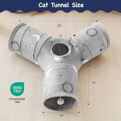 Tempcore Pet Cat Tunnel Tube Cat Toys 3 Way Collapsible, Cat Tunnels for Indoor Cats Fleece-Lined in for Warmth，Kitty Tunnel Bored Pet Toys Peek Hole Toy Ball Puppy, Kitten, Rabbit Gray Sun