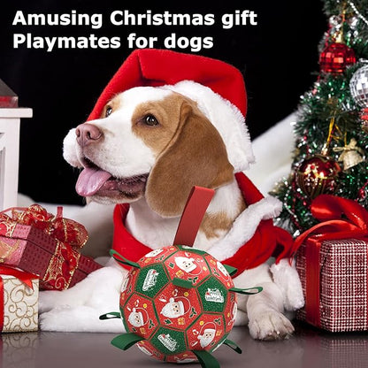 QDAN Christmas Dog Toys Soccer Ball with Straps, Outdoor Interactive Dog Toys for Tug of War, Puppy Birthday Gifts, Dog Tug Toy, Dog Water Toy, Durable Dog Balls for Medium & Large Dogs（8 Inch）