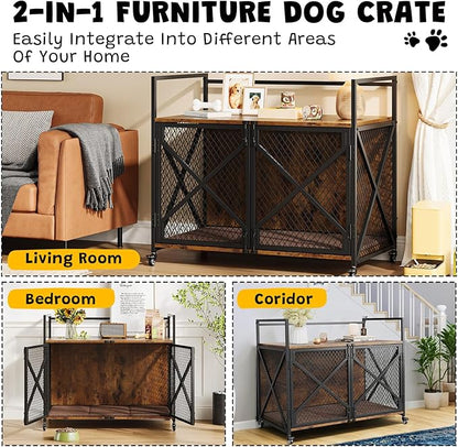 31 Inch Dog Crate Furniture, Heavy Duty Decorative Dog Cage with Lockable 360° Wheels, Double Door Dog Kennel End Table for for Small Medium Large Dog, Rustic Brown