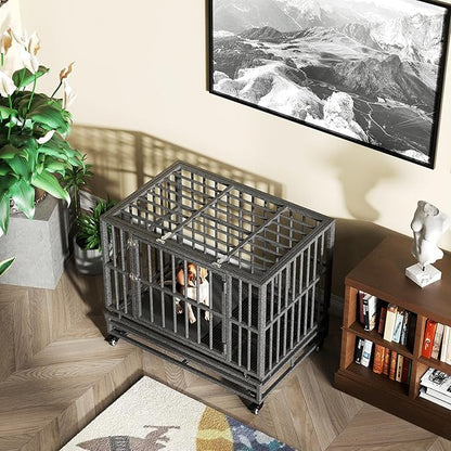 Heavy Duty Extra Large Dog Crate with Wheels - Indestructible 38/42/46 Inch Chew-Proof, Escape-Proof Kennel for High-Anxiety and Extra Large Dogs