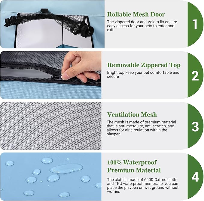 Royizen Puppy Cat Tent Playpen Foldable Waterproof Dog Crate Kennel Indoor Outdoor Portable Playpen Kitten and Small Pets Pop Up Kennel Cat Travel Carrier with Litter Box Enclosure, Light Blue