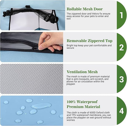 Royizen Puppy Cat Tent Playpen Foldable Waterproof Dog Crate Kennel Indoor Outdoor Portable Playpen Kitten and Small Pets Pop Up Kennel Cat Travel Carrier with Litter Box Enclosure, Light Blue