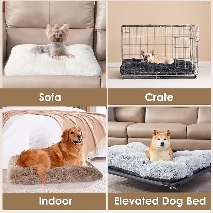 EHEYCIGA Fluffy XXL Dog Crate Pad, Plush Faux Fur Dog Bed for Extra Large Dogs, Calming Anti Anxiety XXL Dog Bed for Crate, Washable Soft Warm Dog Crate Mat with Non-Slip Bottom, Beige