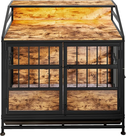 Ball & Cast 20" Multi-Function Dog Crate Furniture with Storage,3-Door Access Wooden Kennel for 11-25 lbs Dogs,Double Doors with Pull-Out Tray,Waterproof Indoor Pet House,Easy Assembly,Black Brown